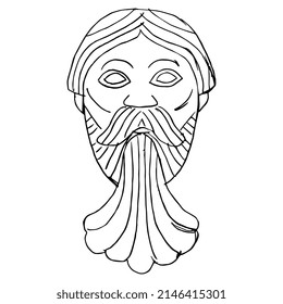 Face Of A Bearded Man. Medieval European Fountain Sculpture. Celtic Pagan Green Man. Funny Male Portrait. Hand Drawn Linear Doodle Rough Sketch. Black Silhouette On White Background.