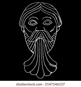 Face Of A Bearded Man. Medieval European Fountain Sculpture. Celtic Pagan Green Man. Funny Male Portrait. Hand Drawn Linear Doodle Rough Sketch. White Silhouette On Black Background.