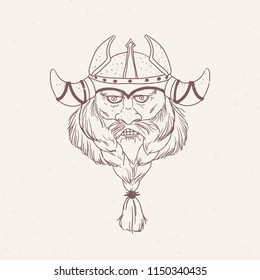 Face of bearded viking wearing horned helmet hand drawn with outlines on light background. Drawing of head of Scandinavian mythological character or medieval hero. Monochrome vector illustration.