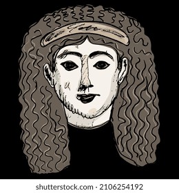 Cara de una hermosa mujer antigua. Retrato femenino. Máscara de momia de yeso egipcio de la antigüedad del sarcófago romano. Esbozo de doodles rudimentario dibujado a mano. Sobre fondo negro.