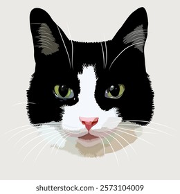 Face of a beautiful cat. Cute black and white kitty. Vector illustration.