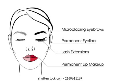 The face of a beautiful girl. Banner for beauty salon. Procedure for lash extensions and permanent makeup. Infographics before and after tattoo makeup.