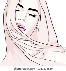 Face of beautiful girl with closed eyes, vector illustration
