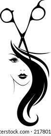 Face of a beautiful girl with curls of hair and scissors of a stylist. Symbol for beauty and hair salon