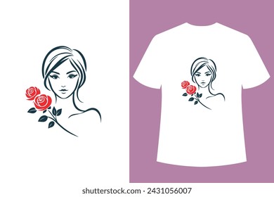 The face of a beautiful girl with flowers in her hair. black and white silhouette. T-shirt design