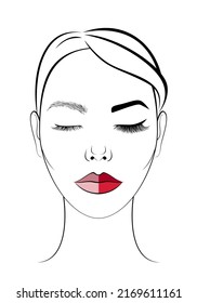 The face of a beautiful girl. Icon for beauty salon. Procedure for eyelash extension and permanent makeup. Eyebrow, eye, and lip tattoo before and after. 