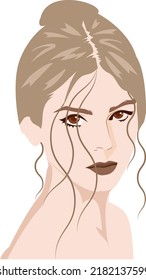 The face of a beautiful girl looking at her wide brown eyes ,her hair pulled up, with some tufts of hair hanging from it