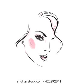 Face of a beautiful girl on a white background. Isolated sketch of the girl. Vector illustration.