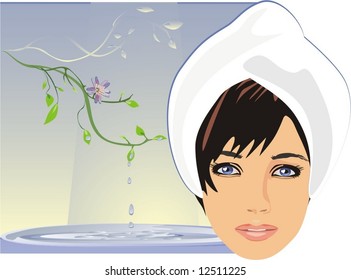 Face of beautiful girl. Spring flowers and water. Vector