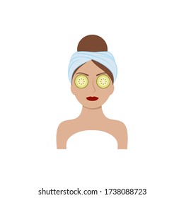 The face of a beautiful girl with a towel on her head and cucumbers in her eyes. Skin, body, face, and eye health care. Vector illustration of a cartoon. Cosmetologist services, beauty salon, Spa, bea