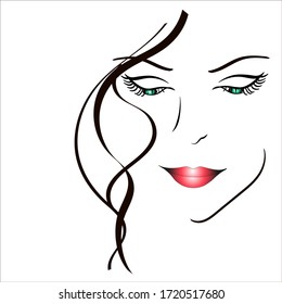 the face of a beautiful girl. vector illustration with contour lines on a white background. image for beauty salons. Spa. silhouette of a woman's head. look down.