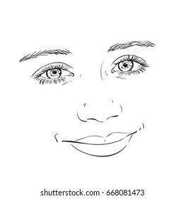 Face of beautiful happy girl with broad smile and  long eyelashes, Vector sketch, hand drawn illustration isolated on white background