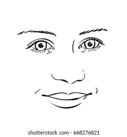 Face of beautiful happy girl with smile, Vector sketch, hand drawn illustration isolated on white background line art