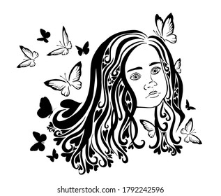 The face of a beautiful little girl with butterflies. Vector illustration