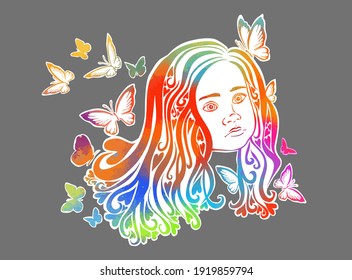 The face of a beautiful little girl with butterflies. Vector illustration