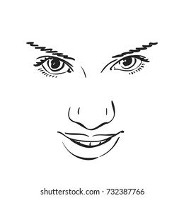 Face of beautiful smiling girl looking up, Vector sketch, hand drawn illustration isolated on white background line art