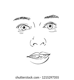 Face of beautiful surprised woman, Vector sketch Hand drawn illustration