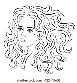 Face beautiful womam with long hair. Black and white drawing.