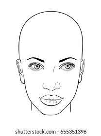 Face Of Beautiful Woman With Bald Head, Vector Line Art Illustration Isolated On White Background