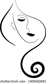 The face of a beautiful woman with a closed eye and long wavy hair and her curl in the foreground. Drawn in black lines. Vector