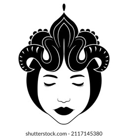 
Face of a beautiful woman with closed eyes wearing fantastic crown. Black and white silhouette.