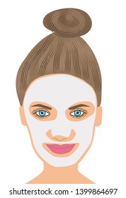 Face of a beautiful woman in a cosmetic mask with a bunch of hair on her head. Vector illustration.