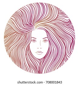 The face of a beautiful woman. The woman is European. A lot of hair. Round composition. Flash tattoo. Beautiful hair. Gradient fill. Beauty. Purple Colour. Theme of women's health.Vector.