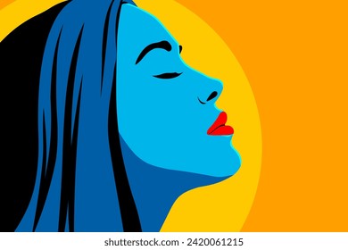 Face of a beautiful woman. Portrait of a girl in abstract colors and flat style. Woman with curly hair, red lips, blue skin on an orange background. Vector illustration for design.