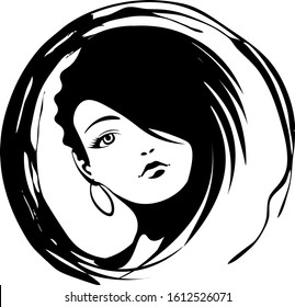 face of beautiful woman with short hair and round earrings in black and white colors