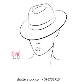 face of beautiful woman in small hat illustration. Web design, advertisement, journal, poster, banner, print decoration element 