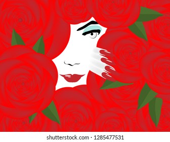 The face of a beautiful woman is surrounded by roses in a minimalist fashion and beauty illustration.