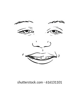 Face of beautiful young girl smiling with half-closed eyes, Vector sketch, Hand drawn illustration