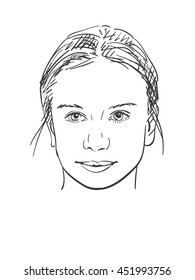 Face of beautiful young girl, Vector sketch, Hand drawn illustration