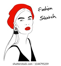 Face of beautiful young woman in black beret with red lips and black earrings tassel sketch style. Woman in black top. Hand drawn fashion girl, model. Sketch. Vector illustration. Style, youth, beauty