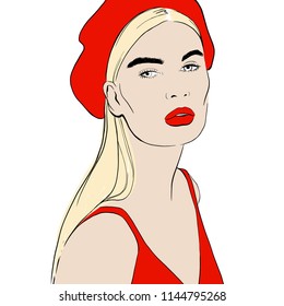 Face of beautiful young woman with blonde hair in red beret with red lips sketch style. Woman in red top. Hand drawn fashion girl, model posing. Sketch. Vector illustration. Style, youth, beauty