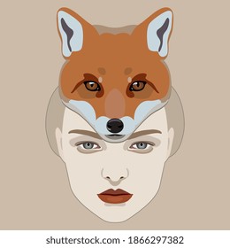 Face of a beautiful young woman in fox hat or mask. Creative concept.
