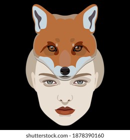 Face of a beautiful young woman in fox hat or mask. Creative concept.