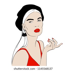 Face of beautiful young woman with long hair in black beret with red lips sketch style. Woman in red top. Hand drawn fashion girl, model posing. Sketch. Vector illustration. Style, youth, beauty