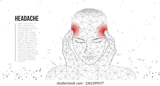 Enfrentar a una bella joven que sufre de dolor de cabeza presiona sus manos a la cabeza. Salud y dolor ilegales. Una mujer cansada con dolor de cabeza severo sufre de migraña. Concepto de polos bajos. Vector