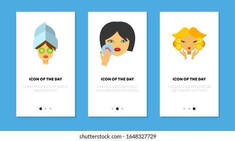 Face beauty flat icon set. Scrubbing, cream, powder isolated vector sign pack. Cleaning and hygiene concept. Vector illustration symbol elements for web design and apps