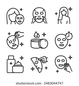 Face, beauty, health, woman, healthy, mask, cleansing concept. Aesthetic cosmetology line icons, vector pictogram of shiny skin, anti age skin care.