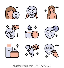 Face, beauty, health, woman, healthy, mask, cleansing concept. Aesthetic cosmetology color icons, vector pictogram of shiny skin, anti age skin care.