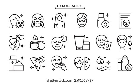 Face, beauty, health, woman, healthy, mask, cleansing concept. Editable stroke. Aesthetic cosmetology color icons, vector pictogram of shiny skin, anti age skin care.