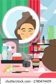 Plantilla de cartel de la bandera vectorial de belleza facial y maquillaje. Joven sentada en la mesa con productos cosméticos de bienvenida y un gran espejo. Clases de maquillaje, servicios de salón de belleza, rutina de cuidados faciales.