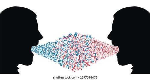 Face to face between two men in profile, who want to impose their points of view. One spitting letters, symbol of literature, the other spitting figures, symbol of mathematics.