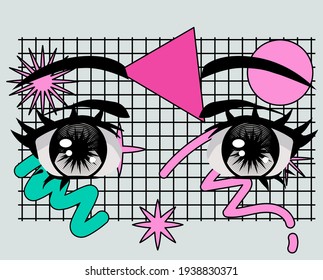 Face With Big Cartoon Anime Eyes. Vaporwave And Retrowave Style Print For Poster, Cover Of T-shirt.