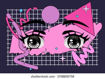 Face with big cartoon anime eyes. Vaporwave and retrowave style print for poster, cover of t-shirt.