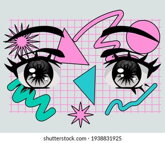 Face With Big Cartoon Anime Eyes. Vaporwave And Retrowave Style Print For Poster, Cover Of T-shirt.