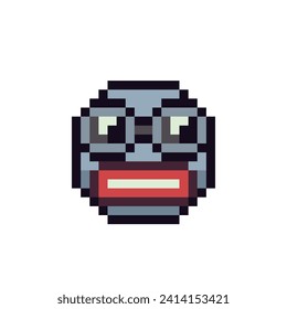 Face with big glasses pixel art icon, head cartoon character, blue smiley with red lips. 8-bit flat style. Language emotion. Isolated abstract vector illustration.