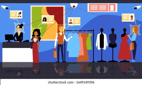 Face biometric identification system scanning visitors in clothing store, flat vector illustration. Concept for web mobile secure technology of facial identification.